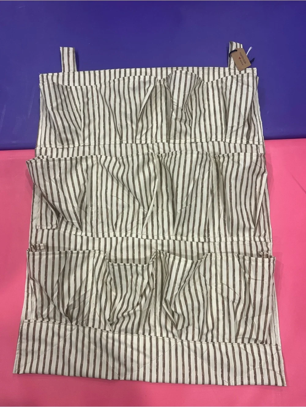 Handmade Fabric Hanging Wall Organizer - Striped Canvas Storage Caddy w/ Pockets